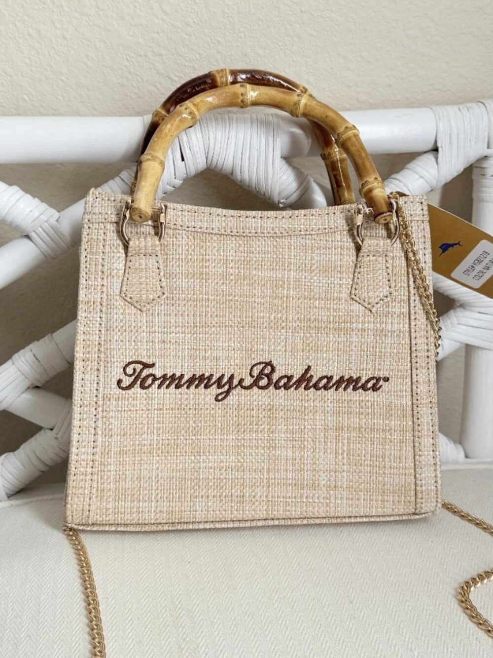 Tommy Bahama Natural Woven Straw Bag Crossbody Bamboo Handles Gold Chaiт NWT